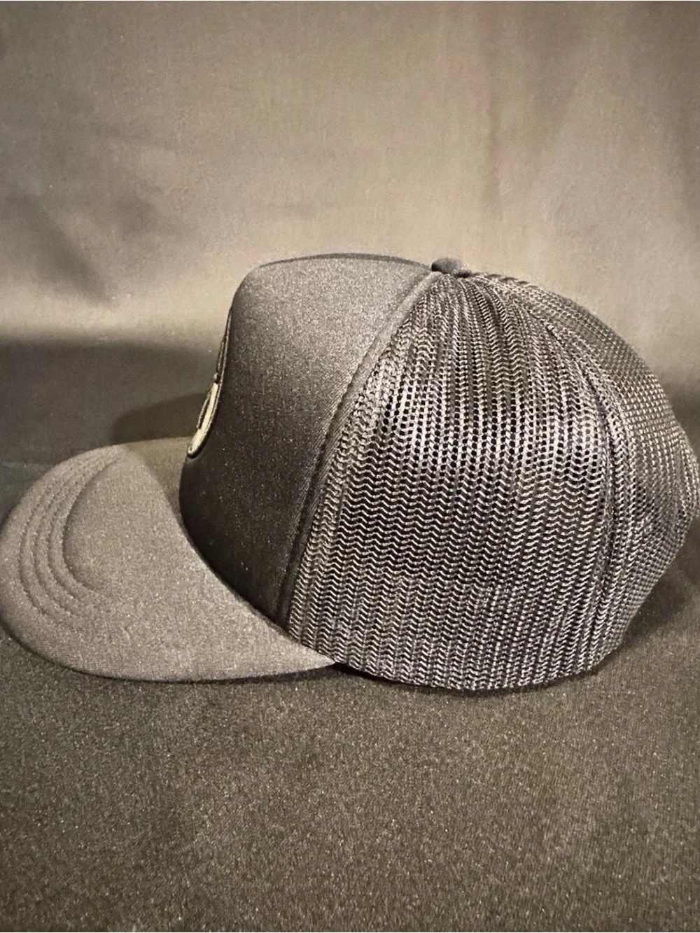 Black Mesh Trucker Hat Holographic Smiley Face Patch Snapback Color Shift Cap